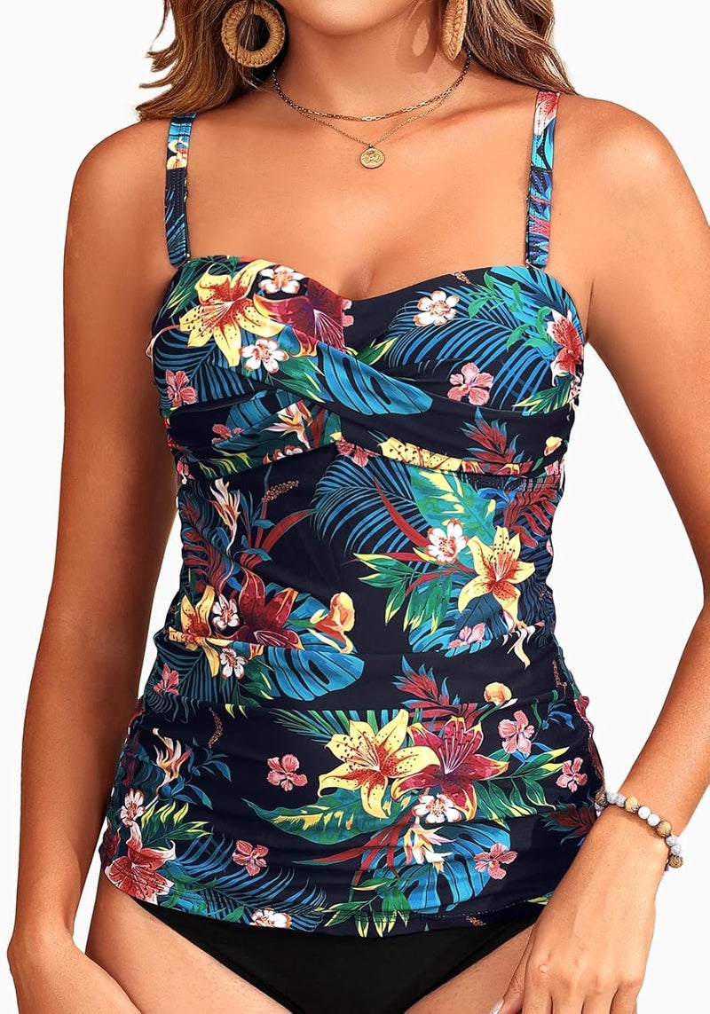 Holipick Tankini Top for Women Twist Front Bandeau Swimsuit Tummy Control Bathing Suit Tops Only No Bottom - Image 3